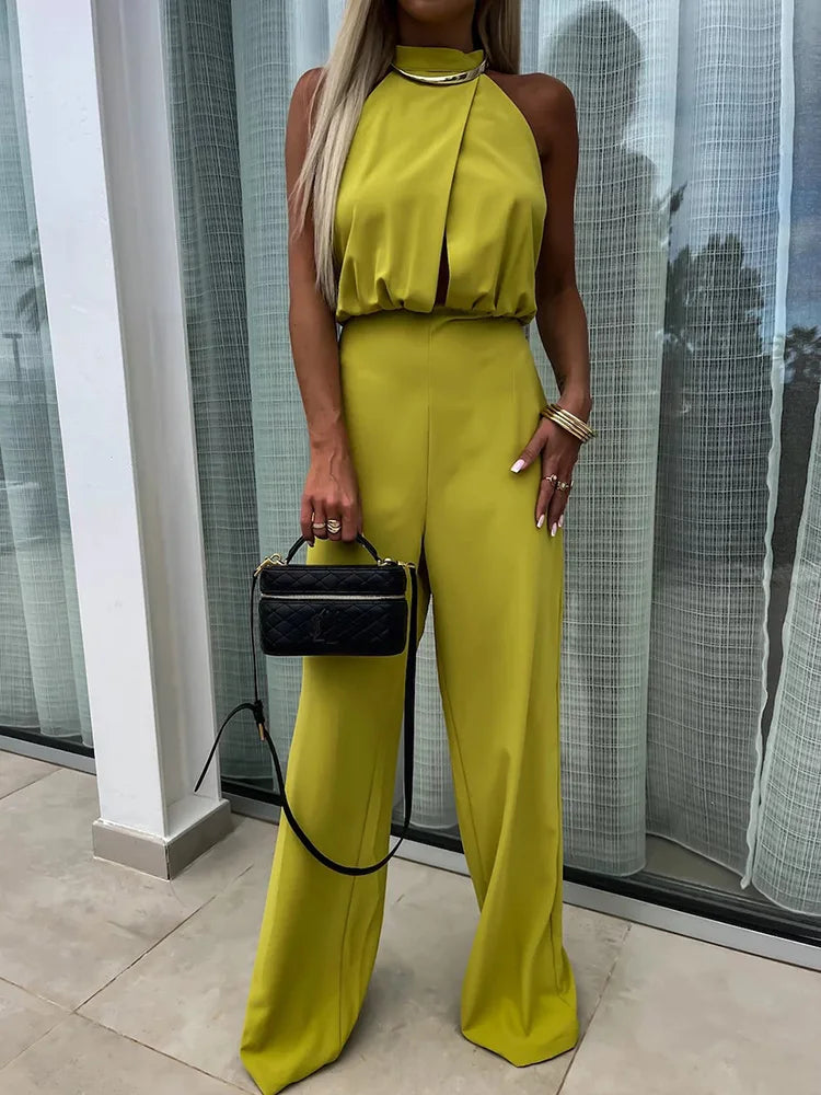New Sleeveless Wide Leg Pants Playsuits, Women Summer Half High Collar Elegant Jumpsuits, Solid Patchwork Simple Ladies Bodysuit