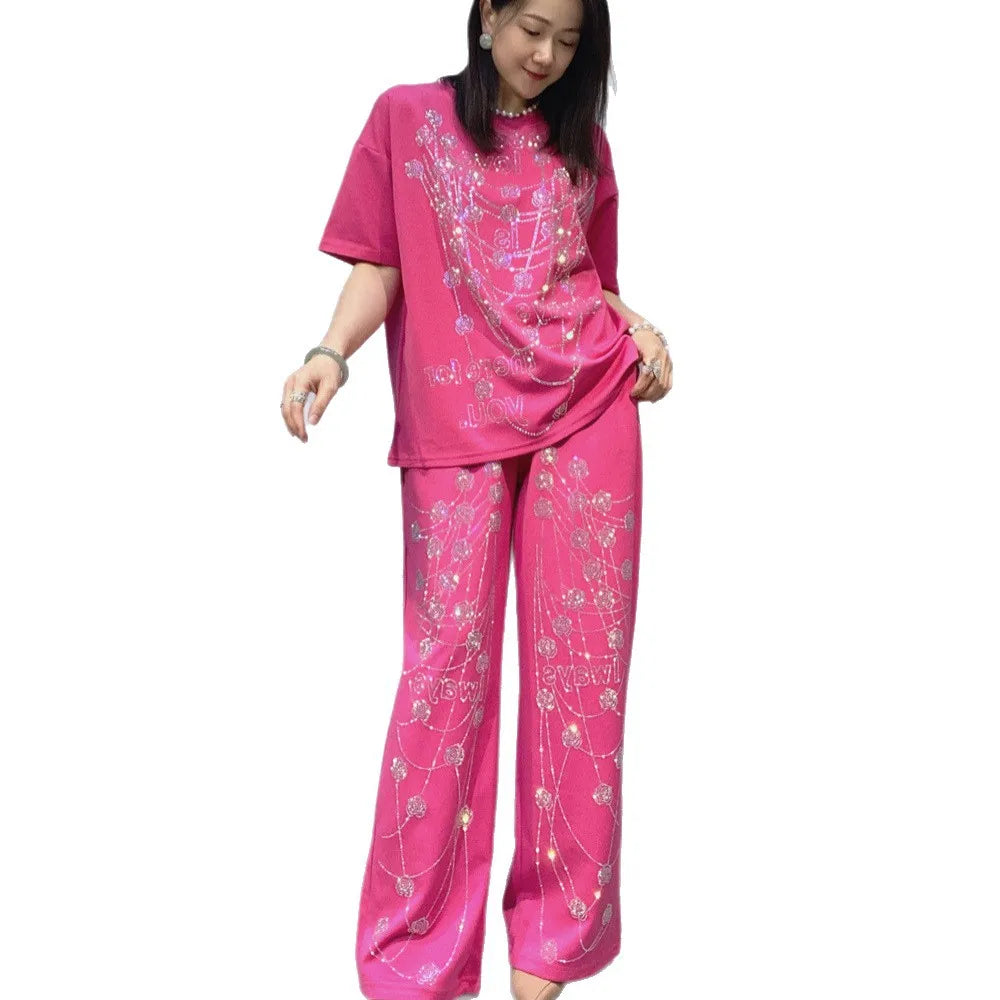 Elegant Lady Summer Two-piece Set Luxury Space Cotton Hot Diamonds Loose Short Sleeve T-shirt Top + Elastic Waist Wide Leg Pants