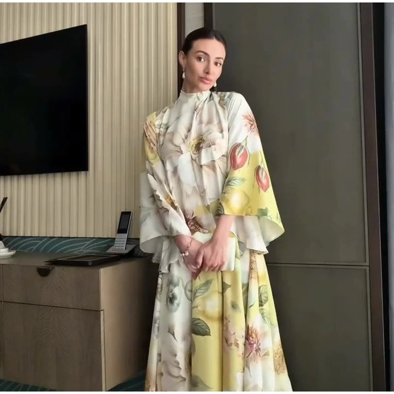 Elegant Print Dress with Stand Collar and Flare Sleeves for Women