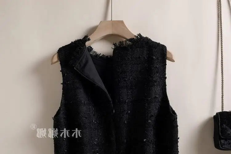 Elegant Tweed Beaded Pocket A-Line Dress for Women