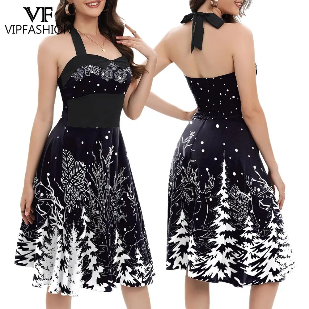Festive Christmas Tree Print Elegant Midi Dress for Women
