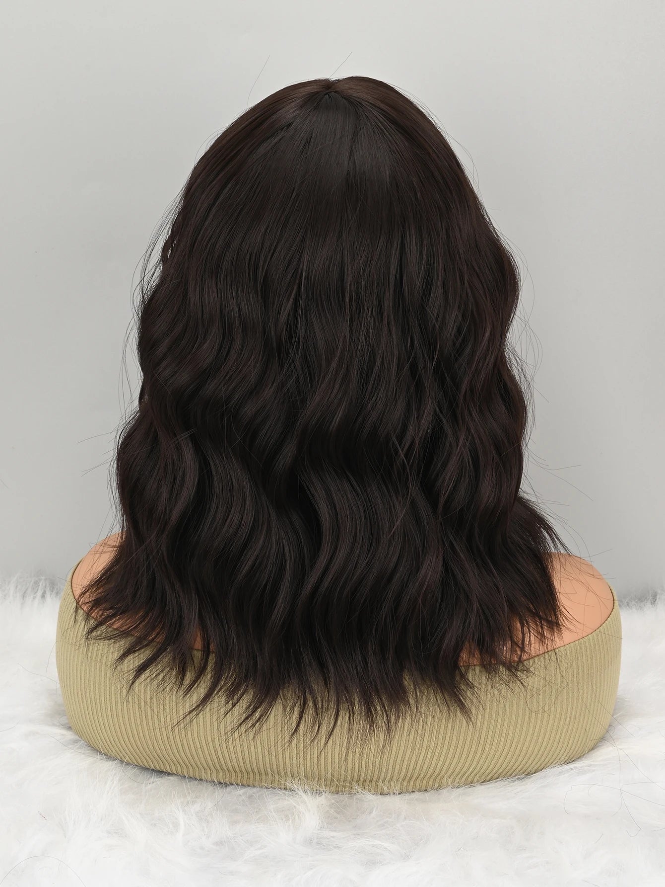 Natural Brown Synthetic Curly Wavy Bangs Bob Wig for Women