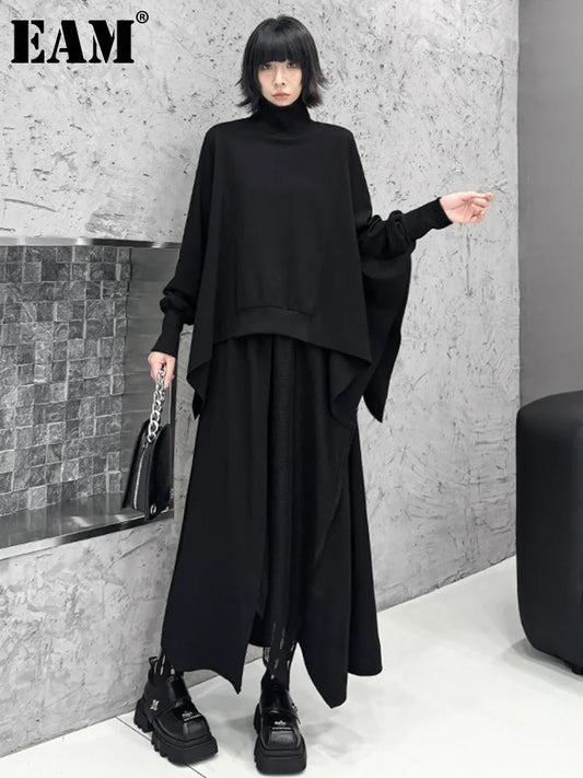 [EAM] Black Sweatshirt Half-body Skirt Two Pieces Suit New Turtleneck Long Sleeve Women Fashion Tide Spring Autumn 2025 1DH8611