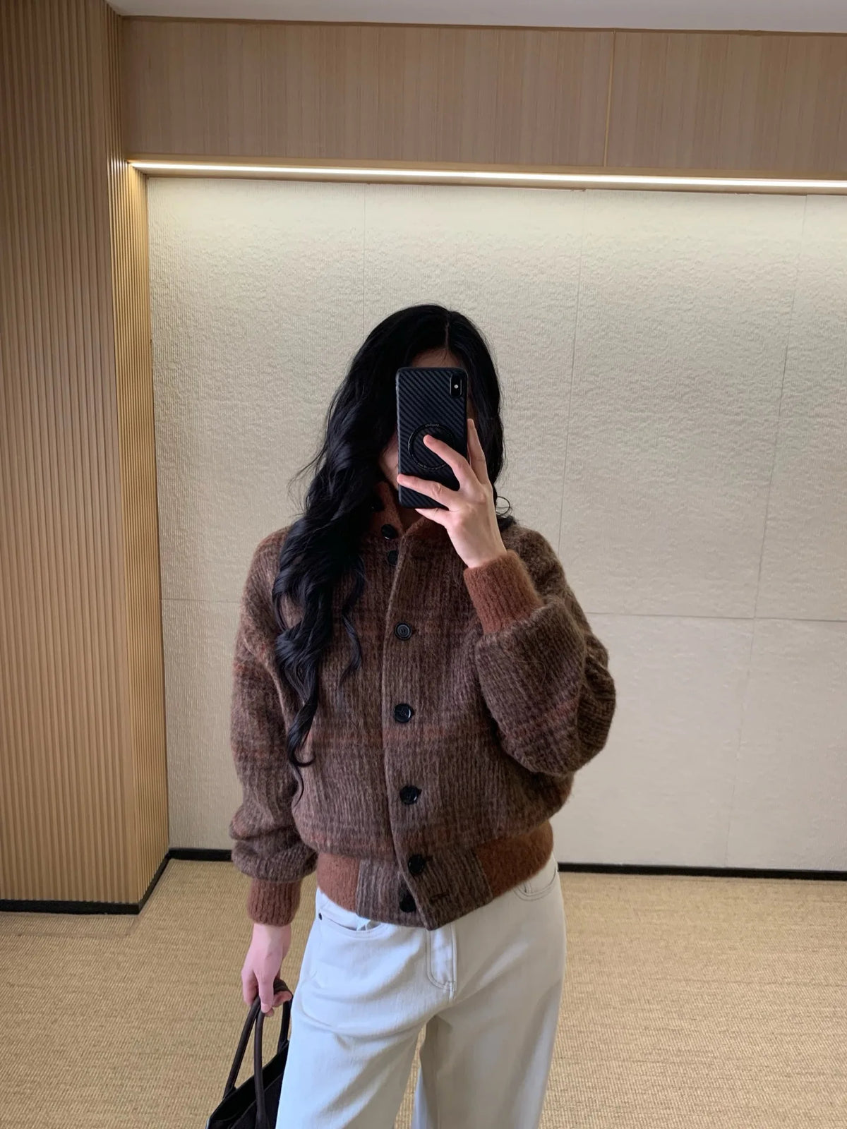 Vintage Plaid Wool Blend Stand Collar Jacket for Women