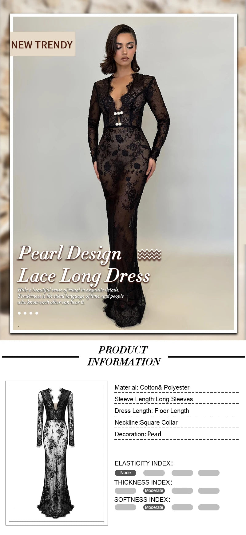 V Neck Long Sleeve Lace Black Evening Maxi Dress for Women
