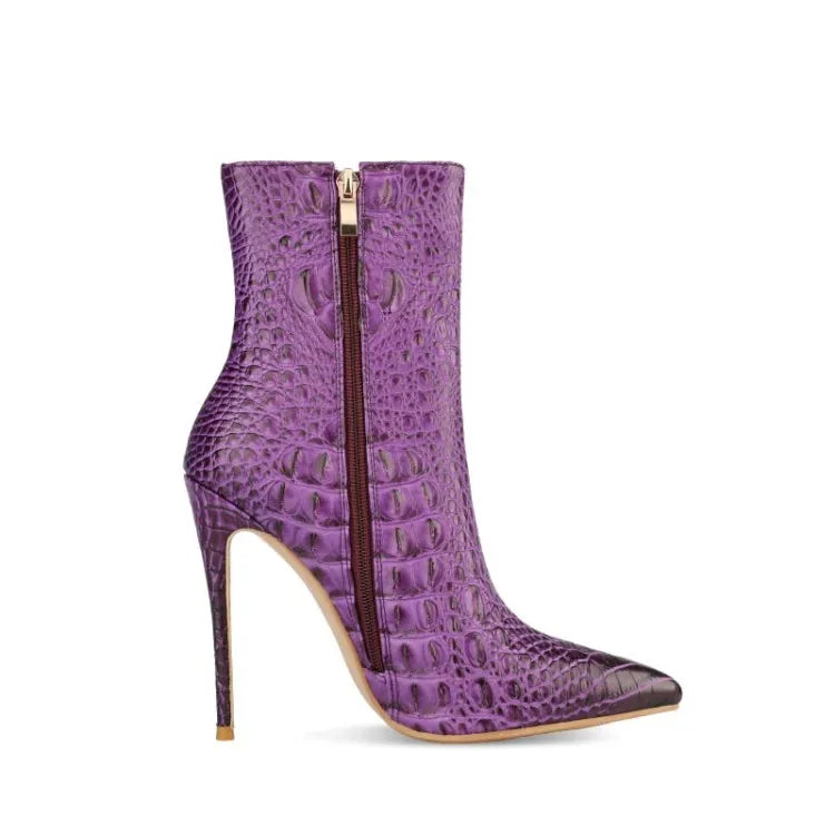 Purple Crocodile Stiletto Ankle Boots