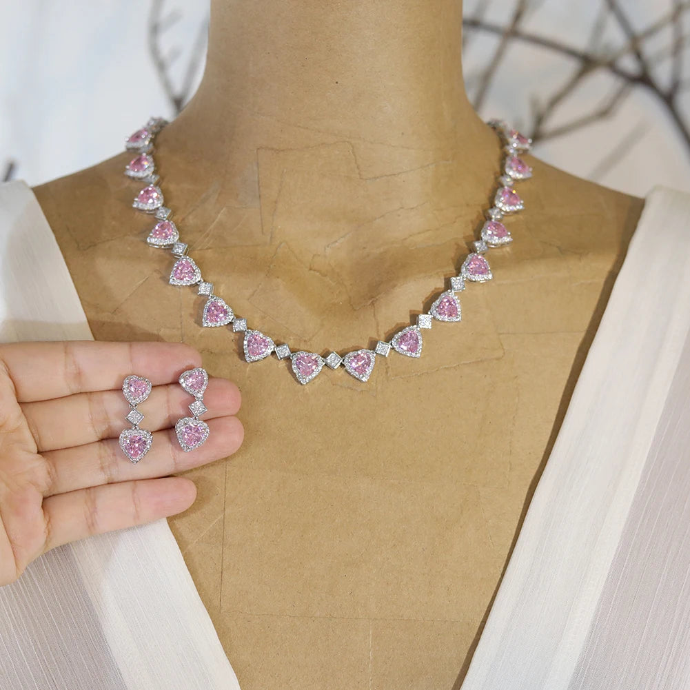 Pink Heart Crystal Necklace And Earring Set For Women