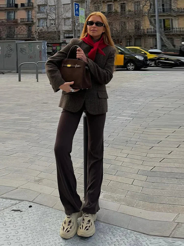 Elegant Grid Stand Collar Loose Single Breasted Woolen Coat for Women