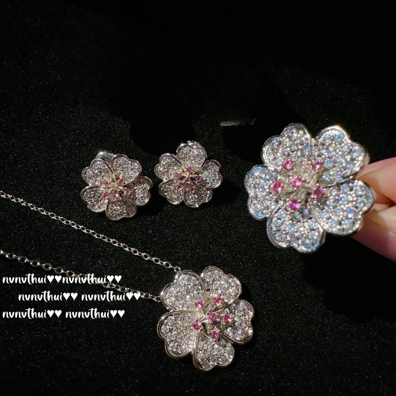 Cherry Blossom Zircon Jewelry Set With Ring Necklace And Earrings for Women