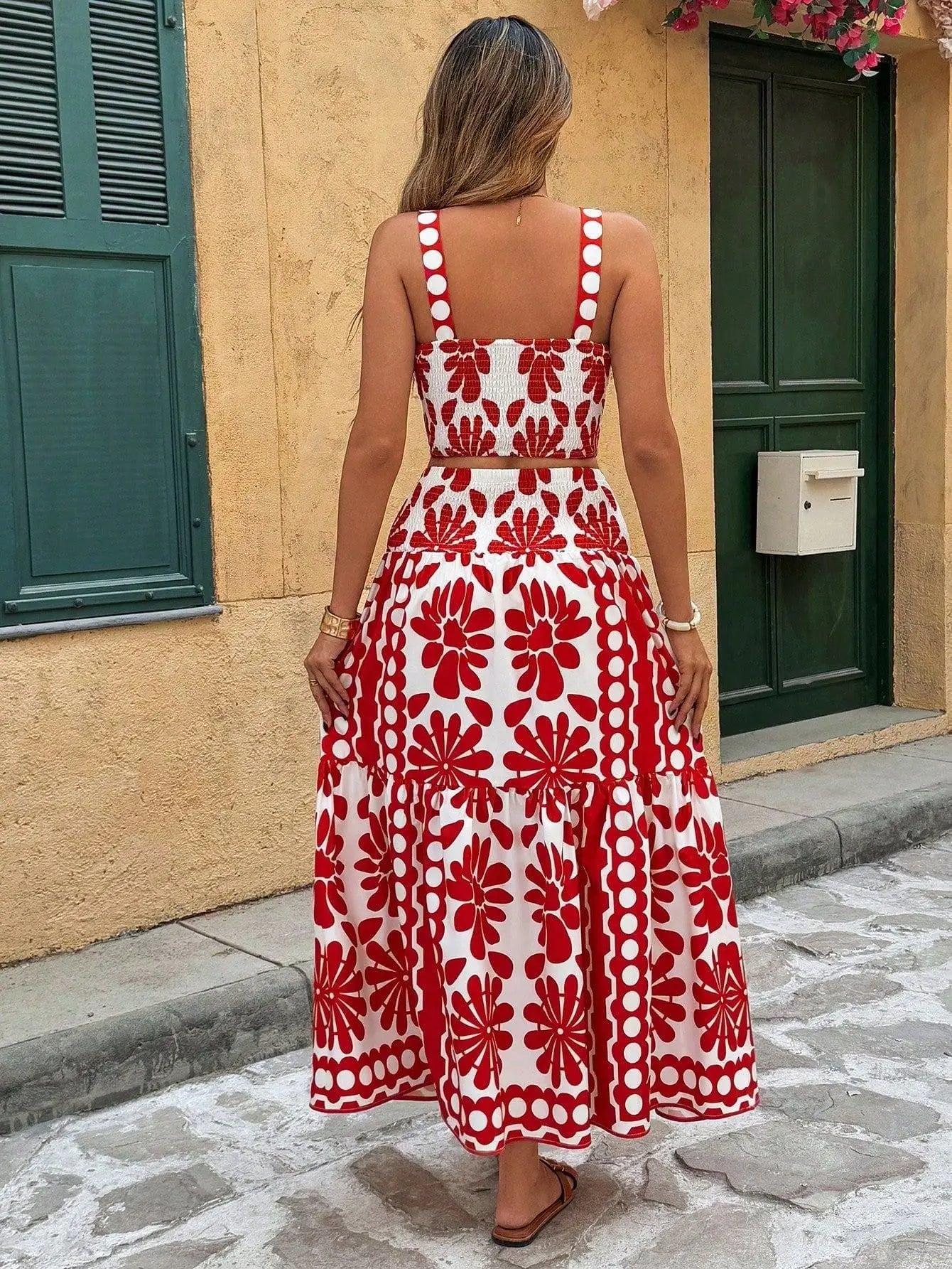 Boho Backless Vintage Print Cami Top And Maxi Skirt Set for Women