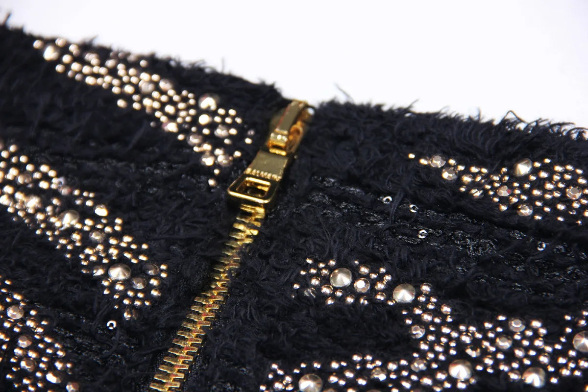 2025 Autumn New Heavy Knitted Hot Diamond Long-sleeved Jacket Sexy Vest + Skirt Set Light Luxury Party Women Three-piece Set