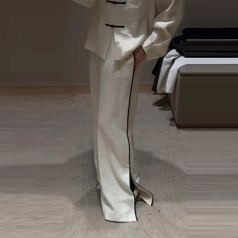 Casual Cotton Coat And Wide Leg Trouser Set for Women