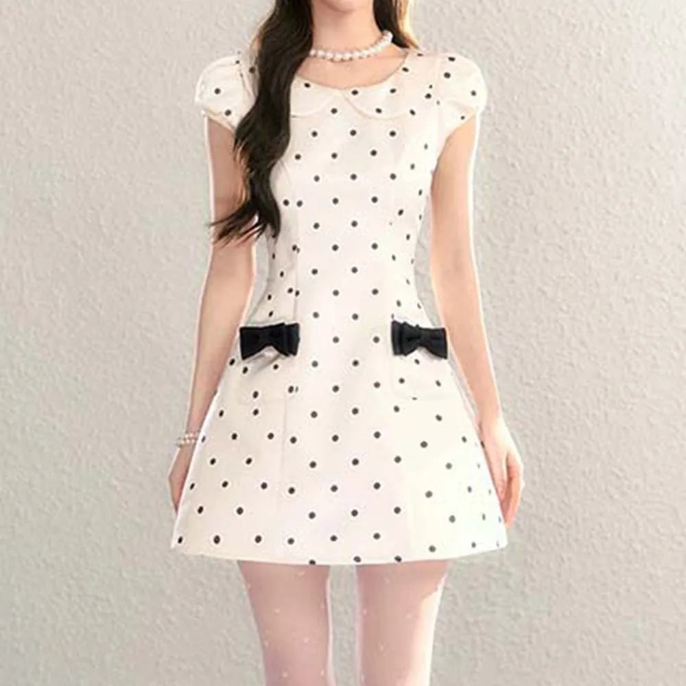 French Polka Dot Doll Collar A Line Bow Dress For Women