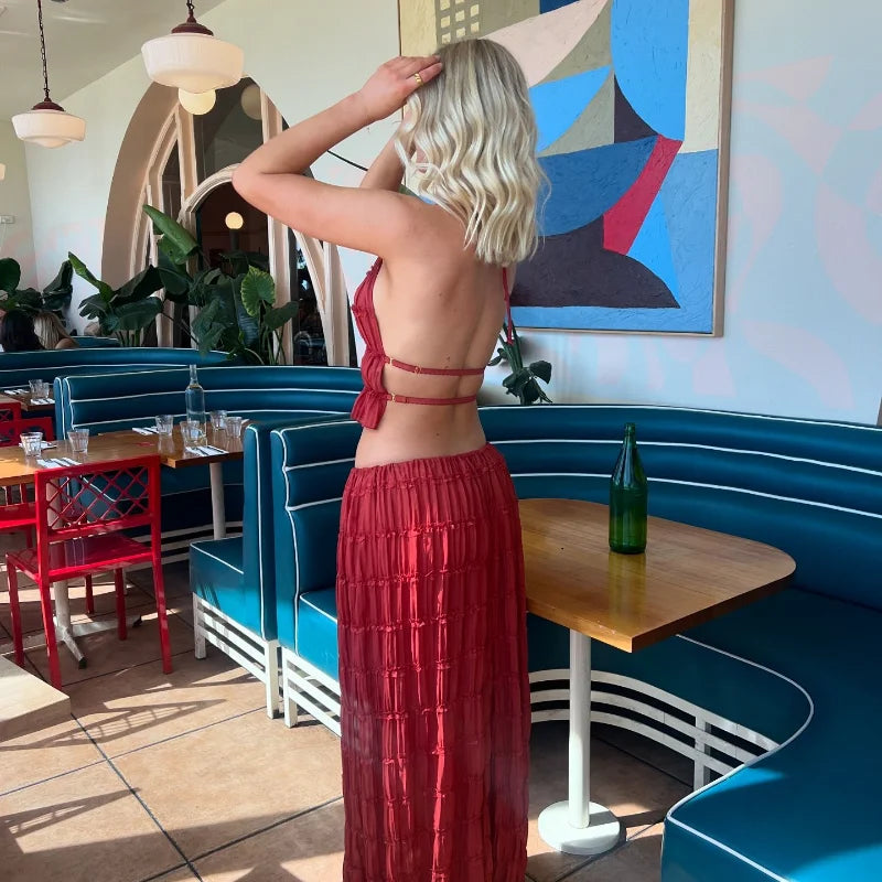 Chic Ruffle Long Skirt 2-piece Set Women Fashion Slim Fit Backless Sleeveless Elastic Halter Vest Suits 2025 Summer Y2k Outfits