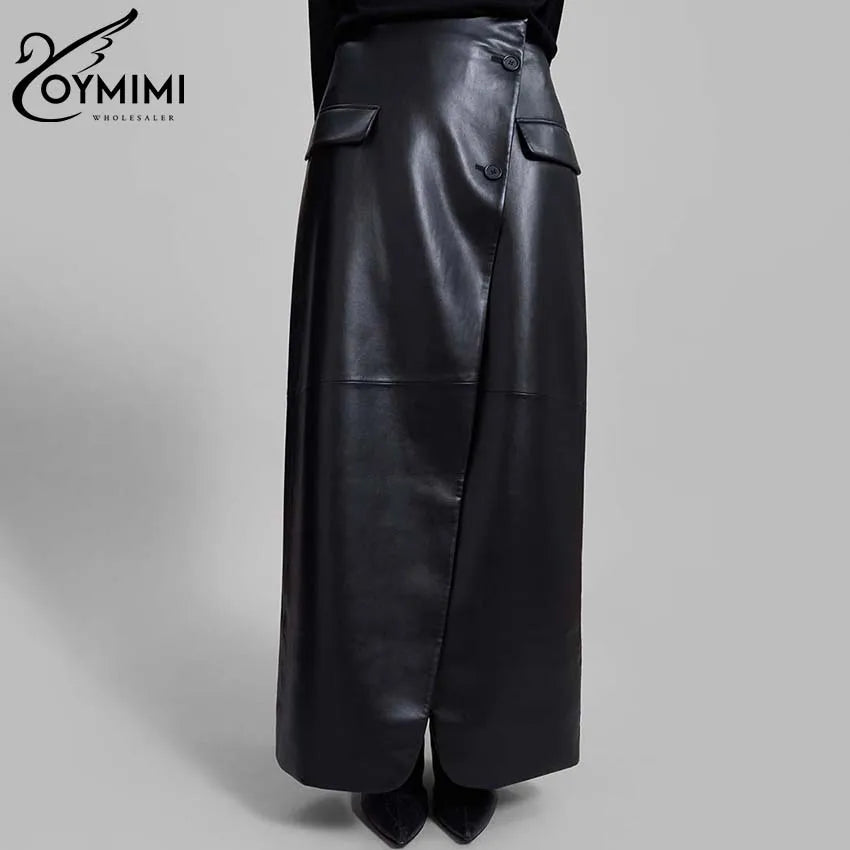 Oymimi Casual Black Pu Leather Skirts For Woman Elegant Button High Waisted Skirts Fashion Pockets Straight Skirt Streetwear