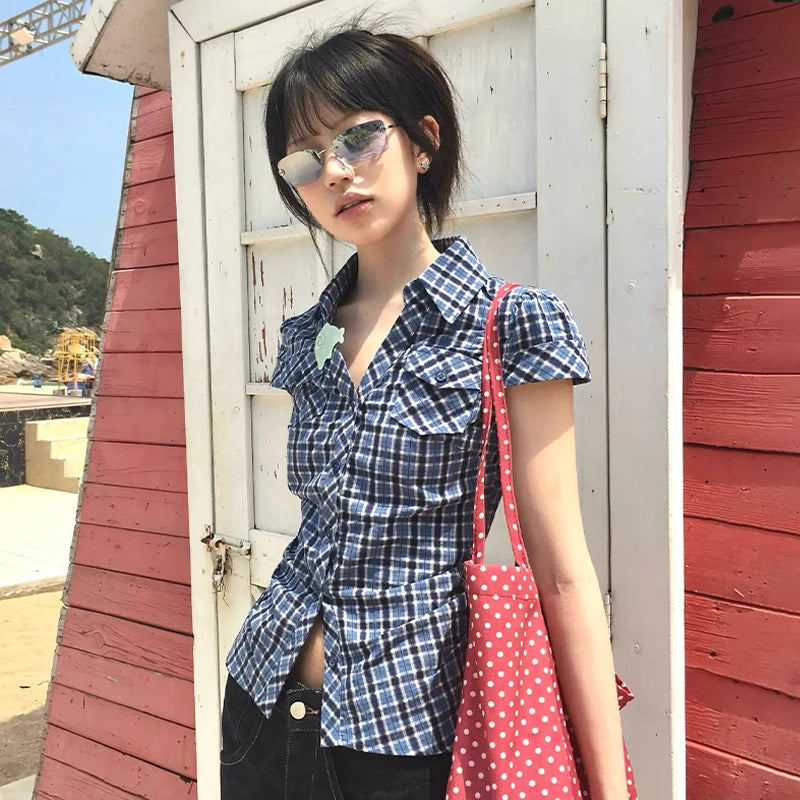 Karrram Japanese Y2k Plaid Shirt Vintage Harajuku V-neck Blouses Korean Fashion Women Short Sleeve Shirts 2000s American Retro
