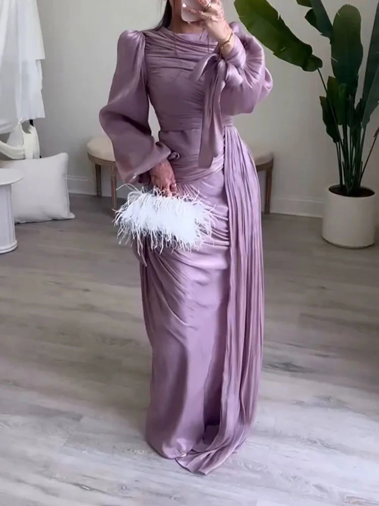 Lantern Sleeve Pleated Maxi With Lace Up O Neck Dress for Women