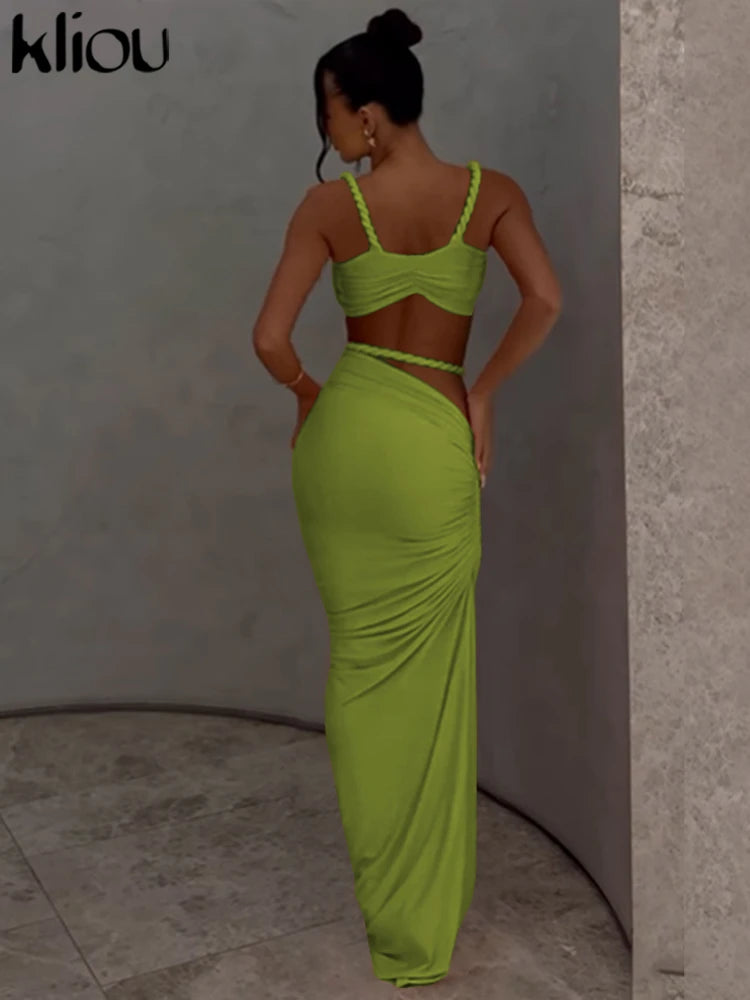 Woven Pleated Crop Top and Maxi Skirt Two Piece Set for Women