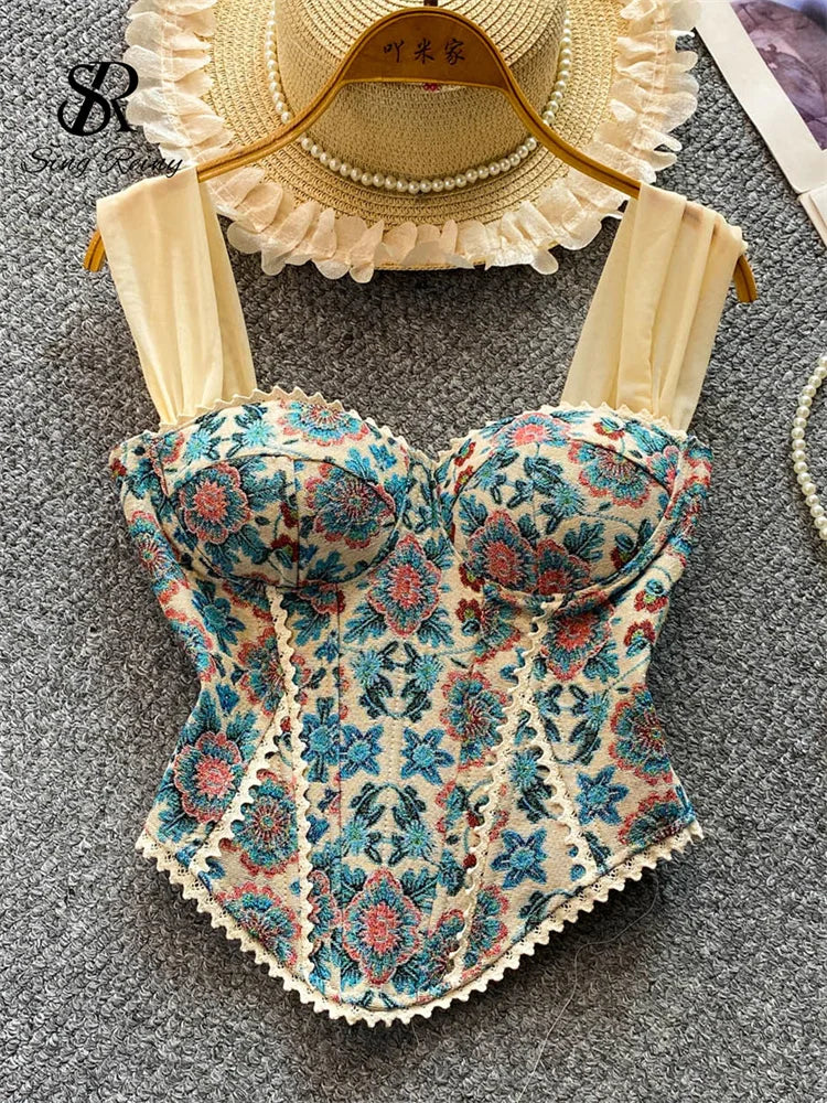 Vintage Floral Lace Spliced Camisole Tank Top for Women