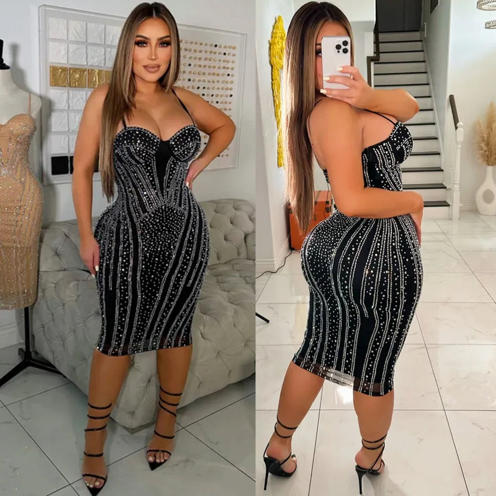 Rhinestone Mesh Sleeveless Mini Party Dress for Women