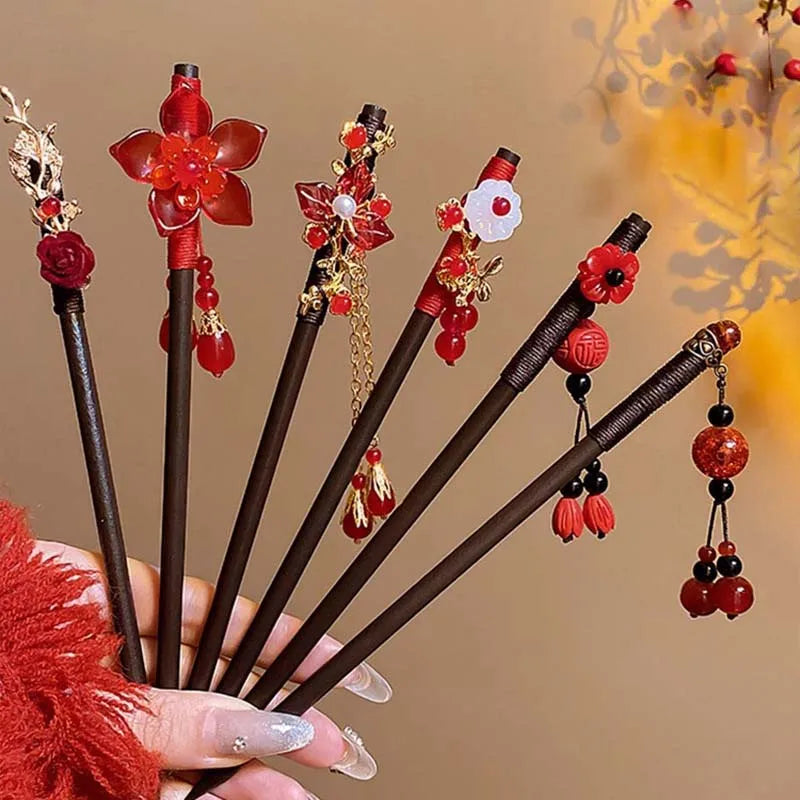 Red Floral Wooden Hanfu Hair Stick