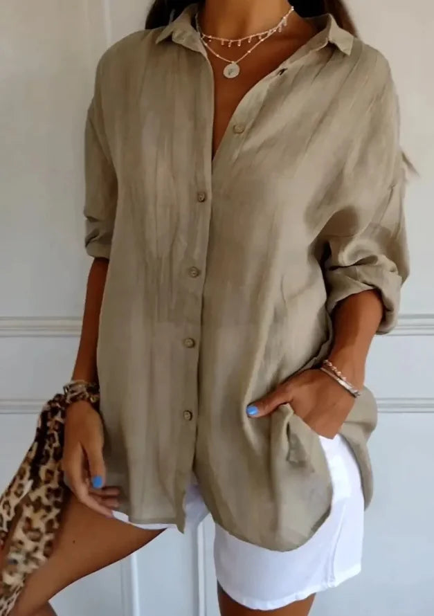 Relaxed Fit Long Sleeve Solid Color Blouse For Women