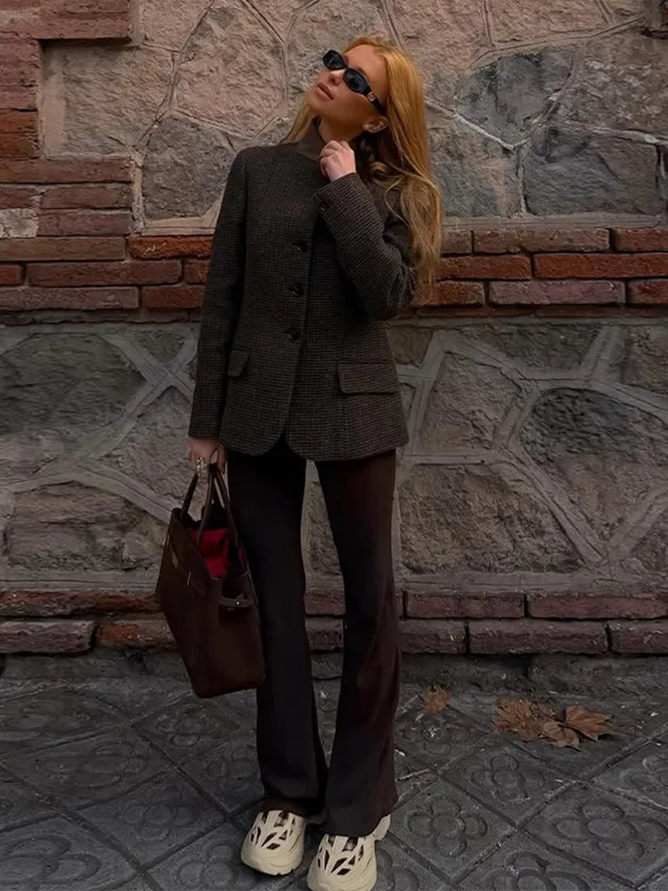 Elegant Grid Stand Collar Loose Single Breasted Woolen Coat for Women