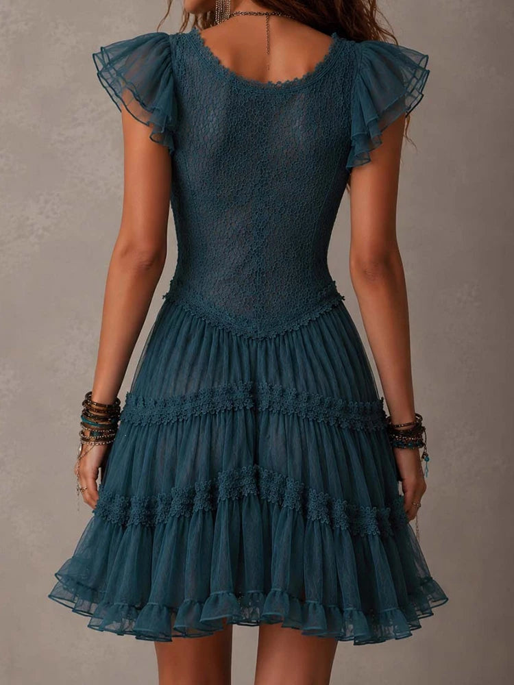 Elegant Lace Patchwork Deep V Neck Mini Dress for Women