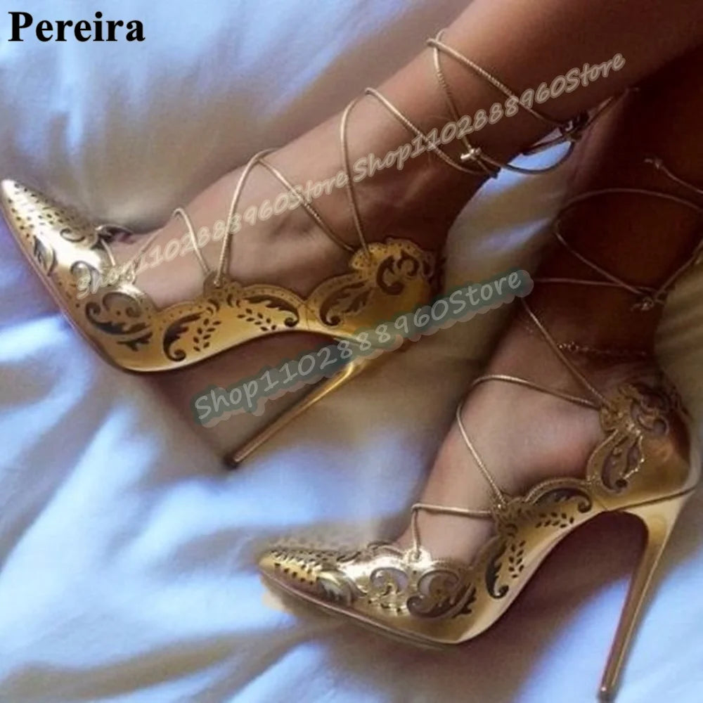 Gold Leather Shallow Hollow Pointy Pumps Stilettos High Heel Shoes For Women Cross Tied Pointed Toe Luxury Party Stylish Pumps