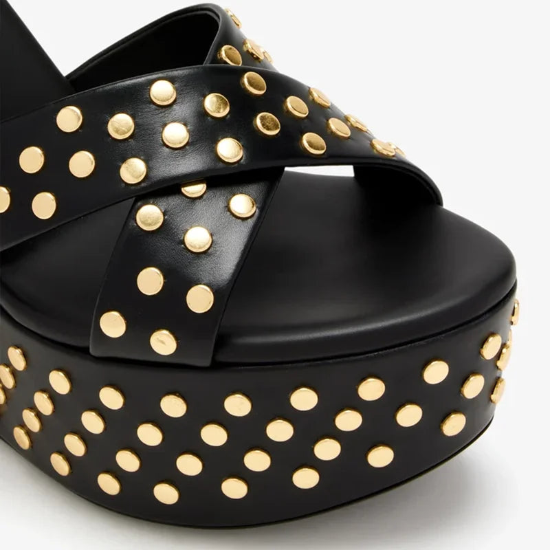 Gold Rivet High Heel Platform Leather Sandals for Women