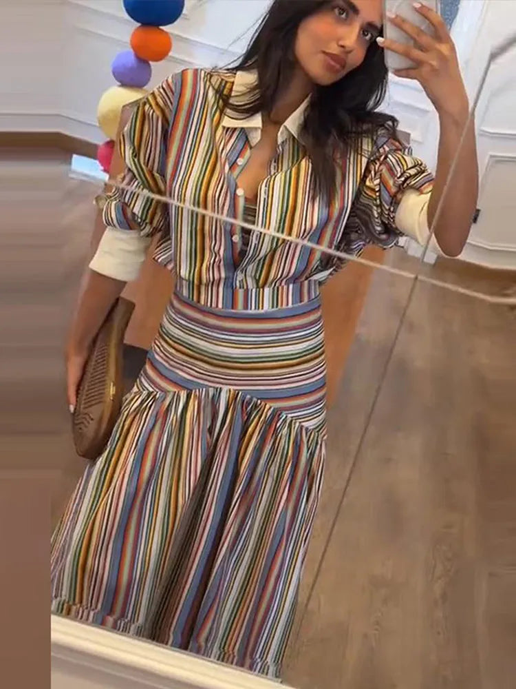 Elegant Multicolor Striped Puff Sleeve Maxi Dress For Women