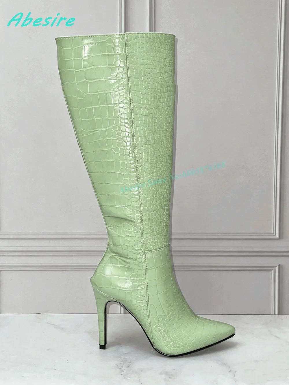 Burgundy Crocodile Pattern Knee High Boots Pointed Toe Stiletto Heel Side-Zipper Women's Boots Retro Sexy Daily Party Shoes