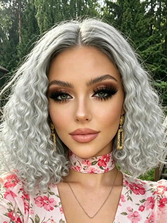 Silver Grey Deep Wave Glueless Lace Front Wig For Women