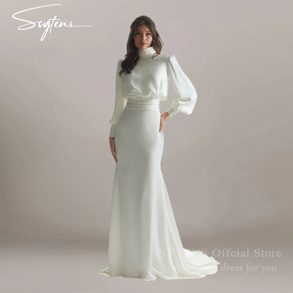 Elegant Satin Mermaid Wedding Dress with Long Sleeves for Women