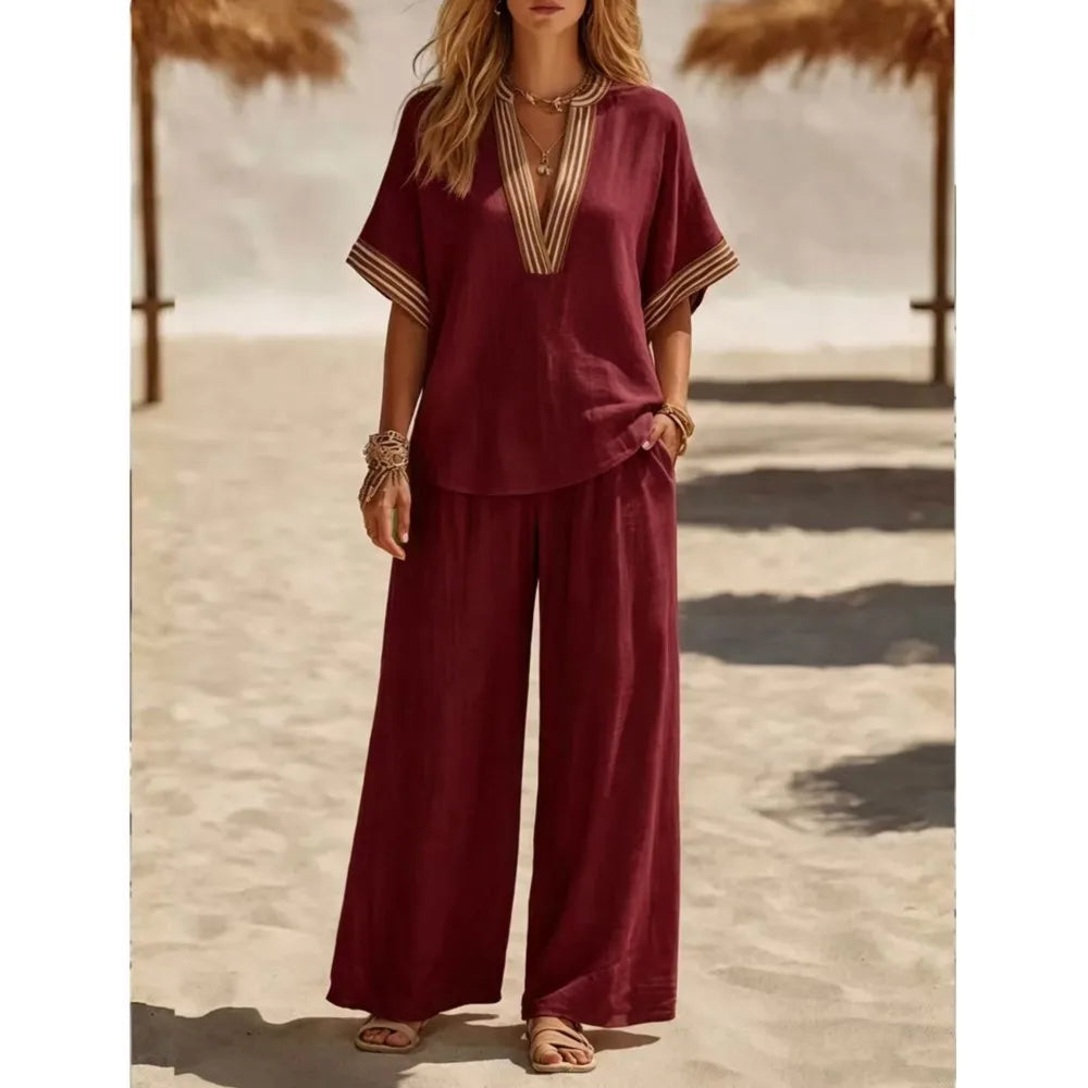 Striped V Neck Short Sleeve Two Piece Set for Women