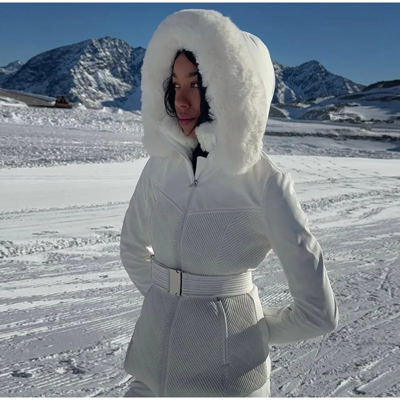 Warm Fur Trim Hooded Winter Ski Suit with Belt for Women