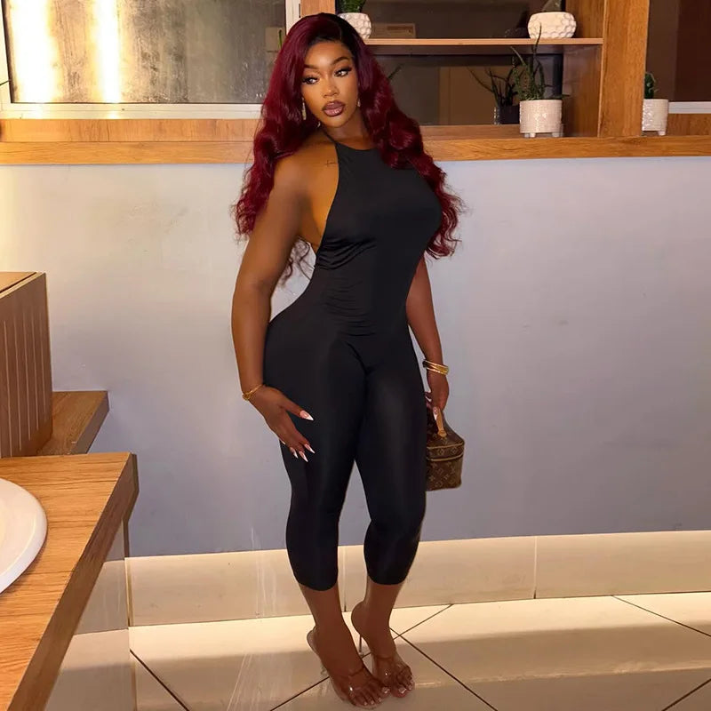 Sexy Solid Color Halter Sleeveless Backless Bodycon Jumpsuit for Women