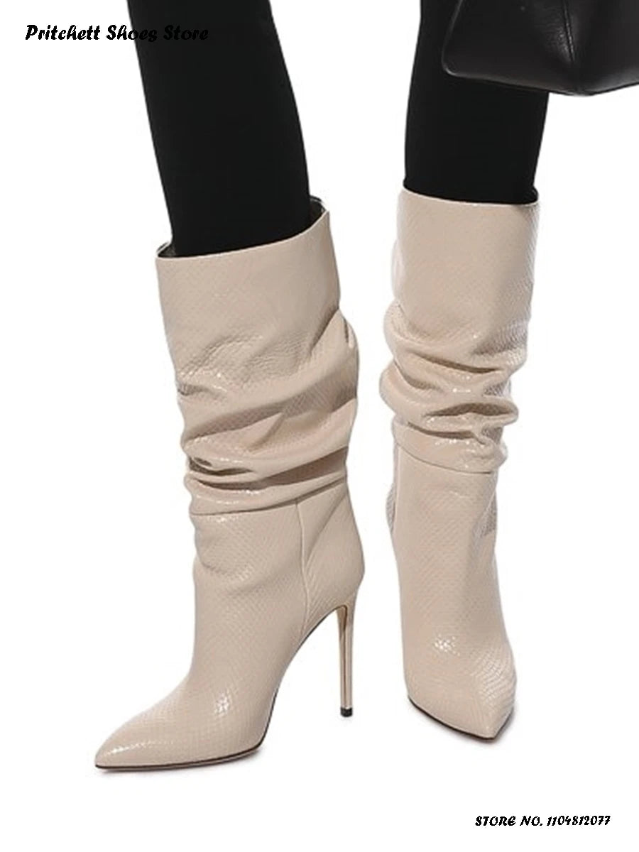 Snakeskin Embossed Pointed Toe Midcalf Boots For Women