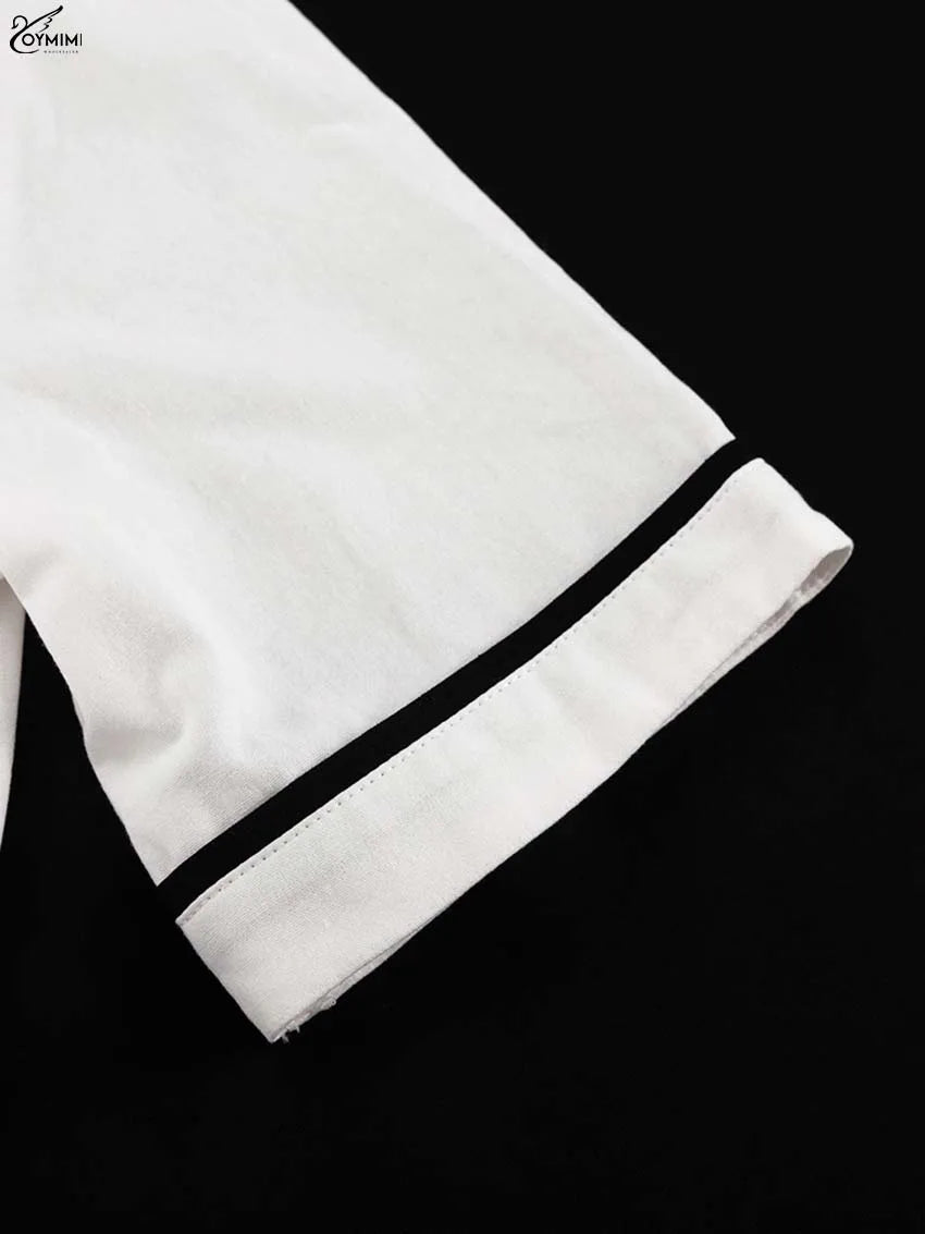 Oymimi Fashion White Cotton Two Piece Outfits Woman Elegant O-Neck Patchwork Short Sleeve Open Back Tops And Straight Skirts Set