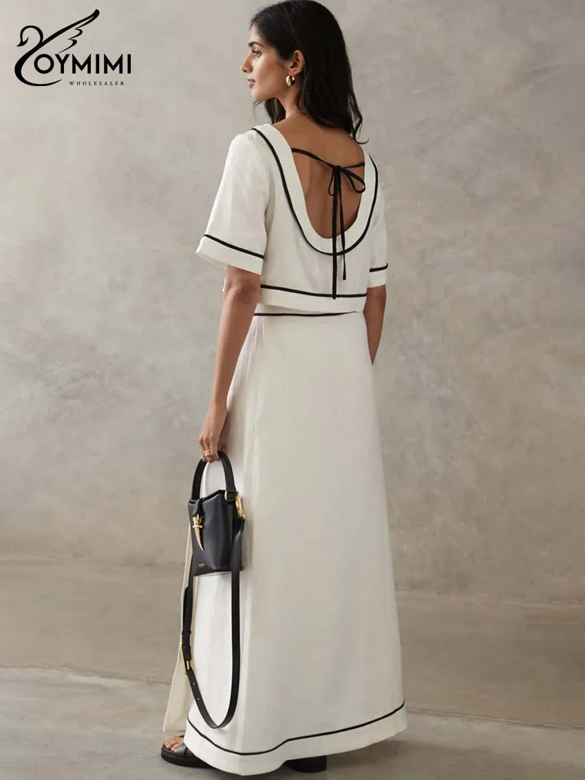 Oymimi Fashion White Cotton Two Piece Outfits Woman Elegant O-Neck Patchwork Short Sleeve Open Back Tops And Straight Skirts Set