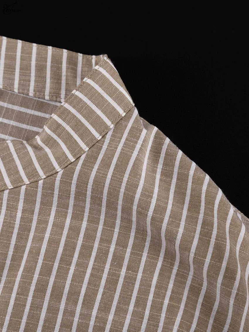 Oymimi Fashion Brown Striped Print Women Top Elegant Long Sleeve Pockets Lace-Up Blouses Spring Casual New Lapel Button Shirts