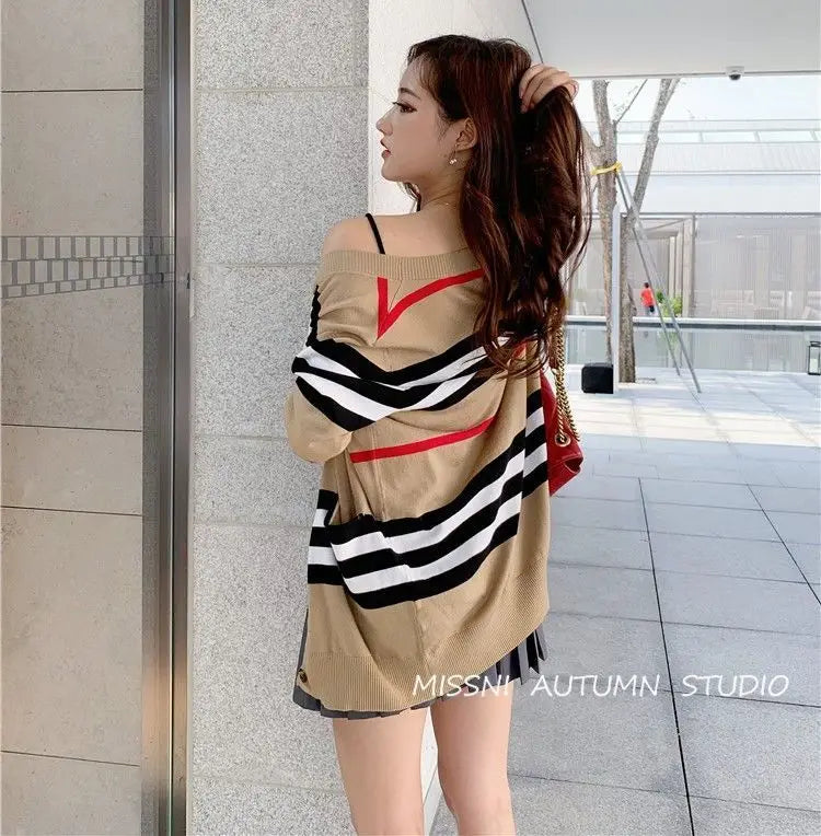 Women's Coat Spring and Autumn Classic Striped Color-block V-neck Mid-length Knitted Cardigan Loose Sweater Coat