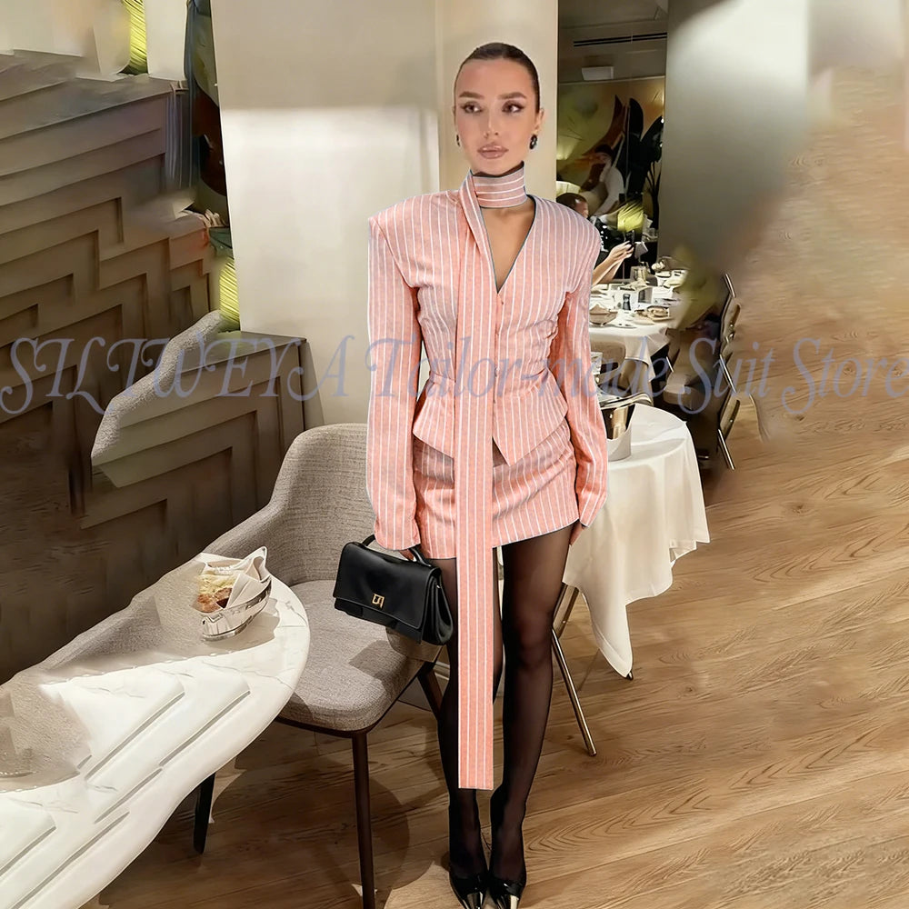 Single Breasted Blue Striped Blazer Skirt Set for Women