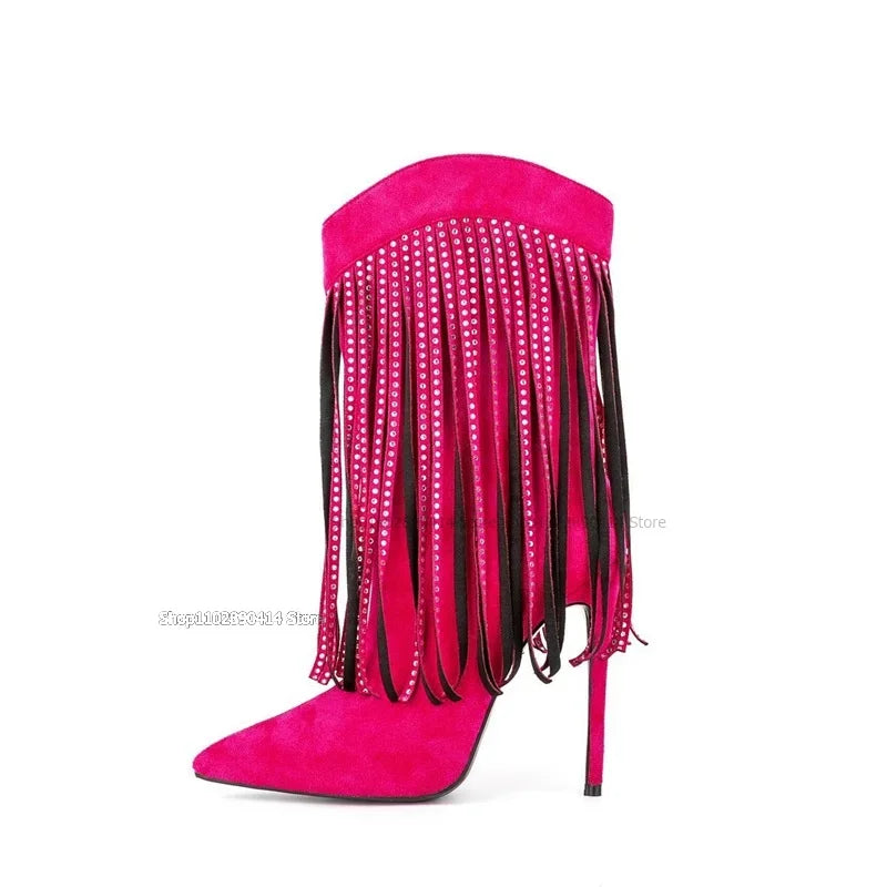 Black Pointed Toe Boots With Crystal Tassels For Women