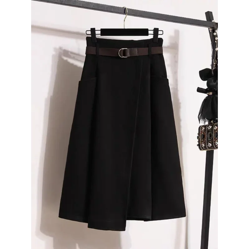 High Waisted Black Wool Midi Skirt With Pockets for Women