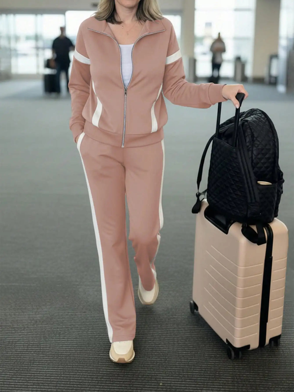 Contrast Long Sleeve Jacket And Striped Trousers Set for Women