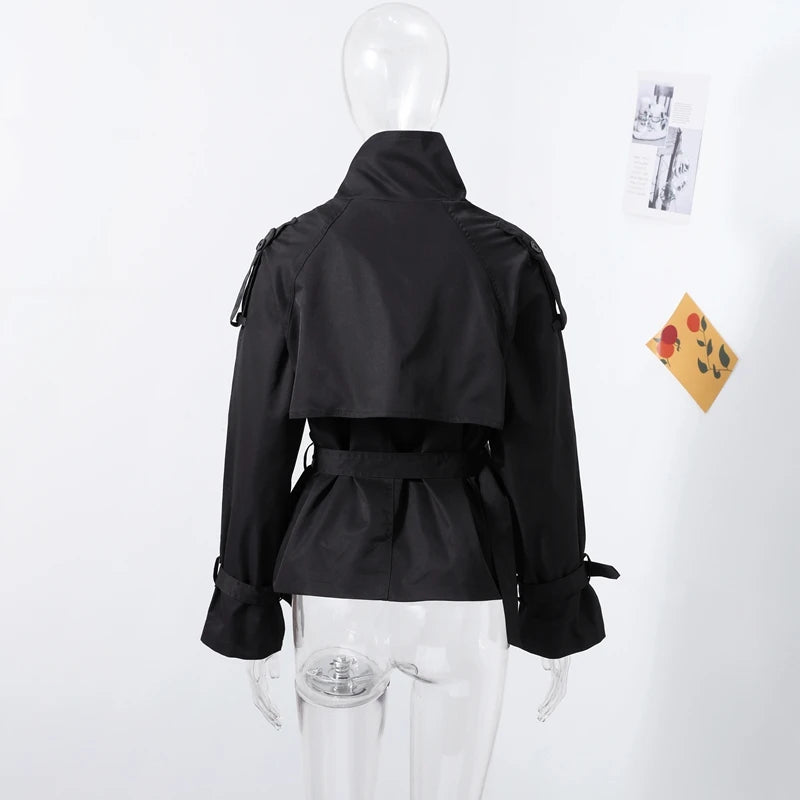 Chic Belt Women's Coat Elegant Stand Collar Full Sleeve Single Breasted  Female Jacket 2025 Autumn Fashion Commuter Windbreaker