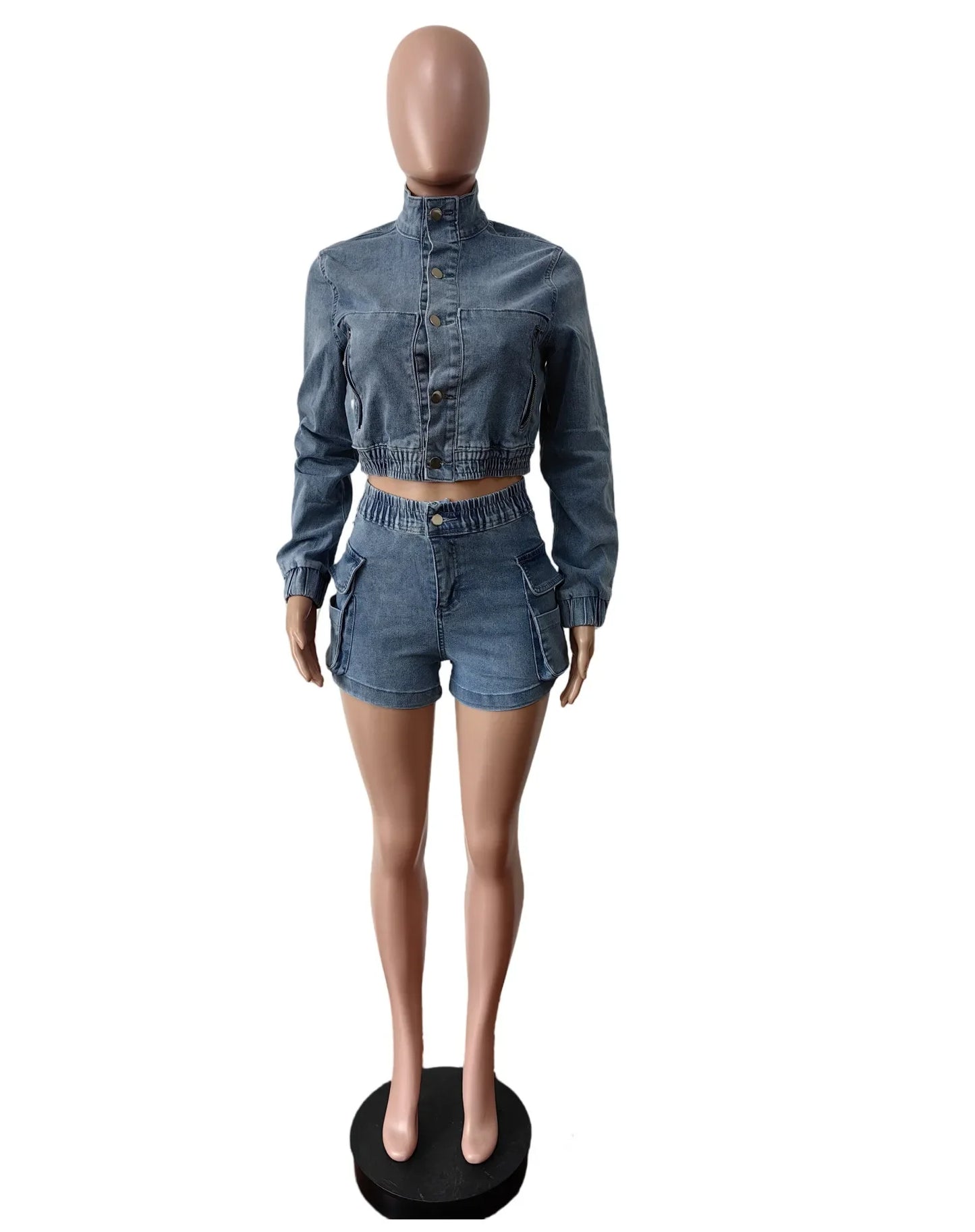 Elegant Two Piece Denim Shorts Set With Pockets for Women