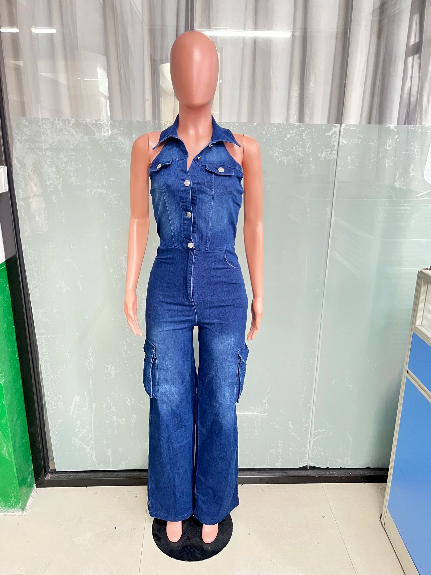 Elegant Blue Denim Cargo Halter Casual Jumpsuit for Women