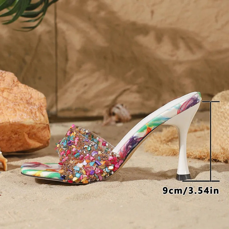 Rhinestone Square Heel Open Toe Slides